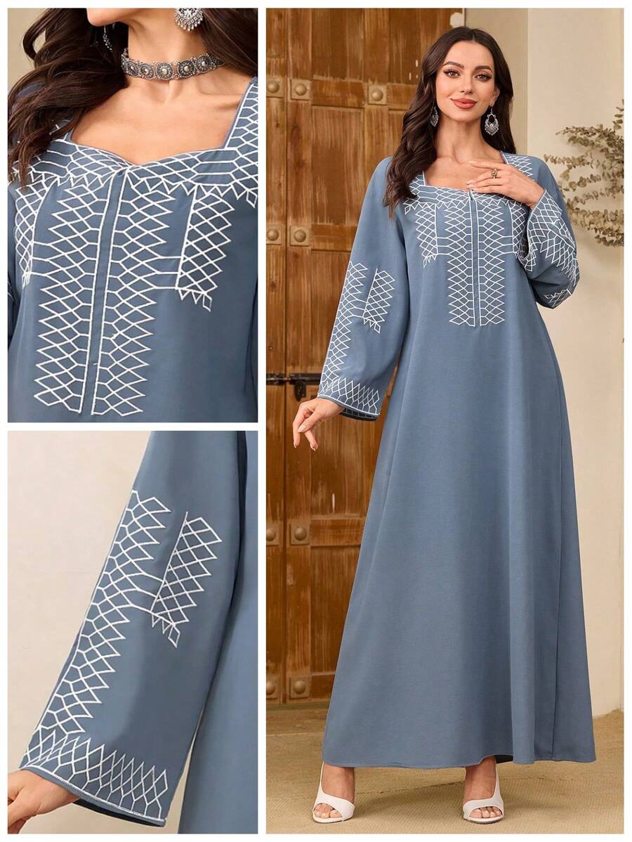 Al Najma Women's Geometric Embroidered Long Sleeve Sweetheart Neck Elegant Arabic Style Dress, Kaftan & Jalabiya - Dusty Blue - View 1