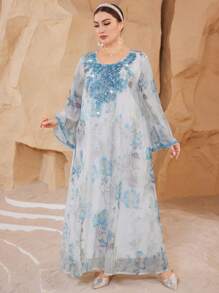 Al Najma Plus Size Arabic Women's Long Sleeve Fashion Elegant Retro Printed Robe, Modest Kaftan - Blue and White - View 6