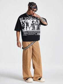 AXEPEAK 男士宽松图案及标语印花圆领短袖复古T恤，夏季，街头风