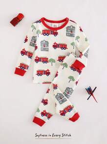 Cozy Pixies Baby Boy Cartoon Cars Print Colorblock Knit Soft Crew Neck Long Sleeve Top & Elastic Waist Long Pants Snug Fit 2 Pieces Pajamas - Red - View 1