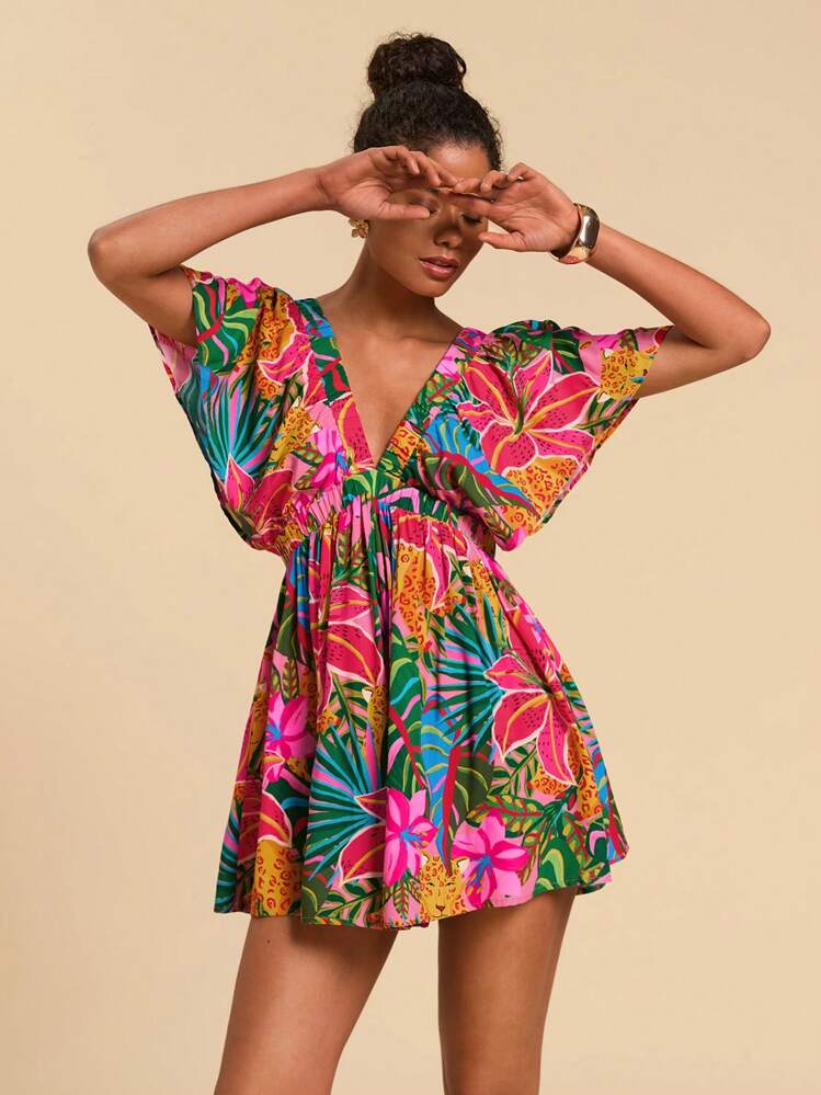 Travachic 热带印花蝙蝠袖连体衣，热带度假女装，夏季，度假服装女士 - 玫紅色 - 查看 1