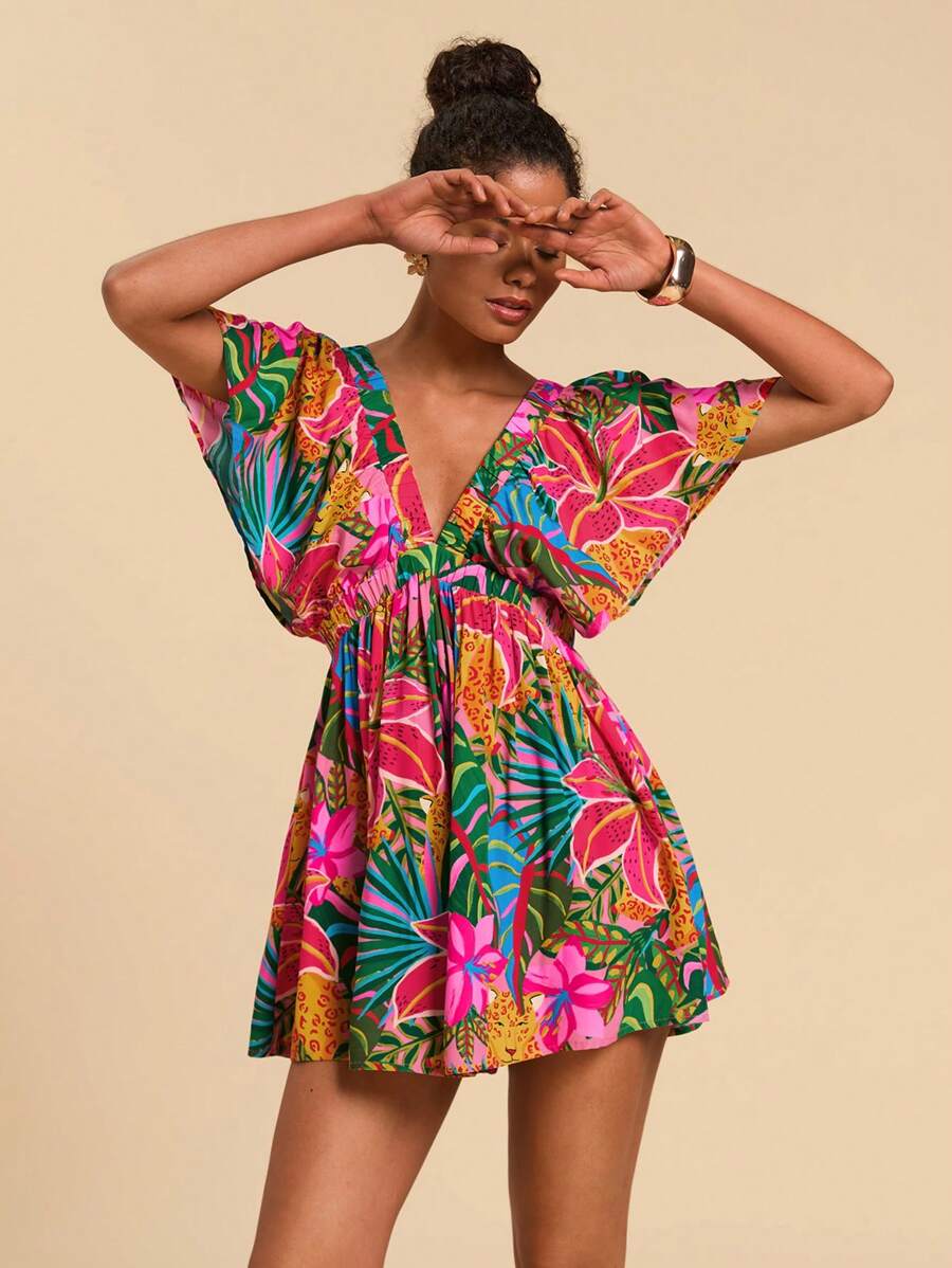 Travachic 热带印花蝙蝠袖连体衣，热带度假女装，夏季，度假服装女士 - 玫紅色 - 查看 1