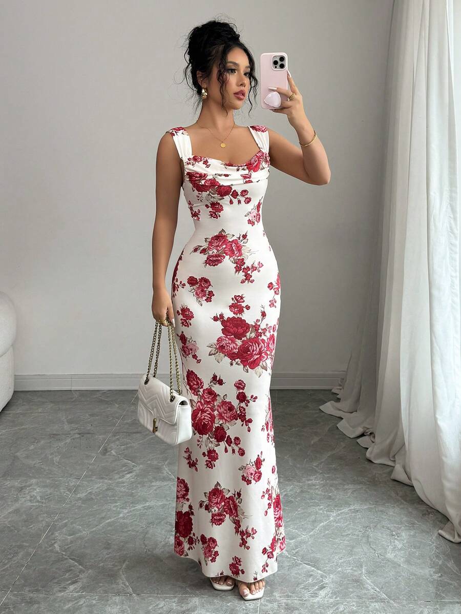 Elenzga 女式垂领玫瑰印花休闲连衣裙，简约时尚日常穿着 - 彩色 - 查看 1