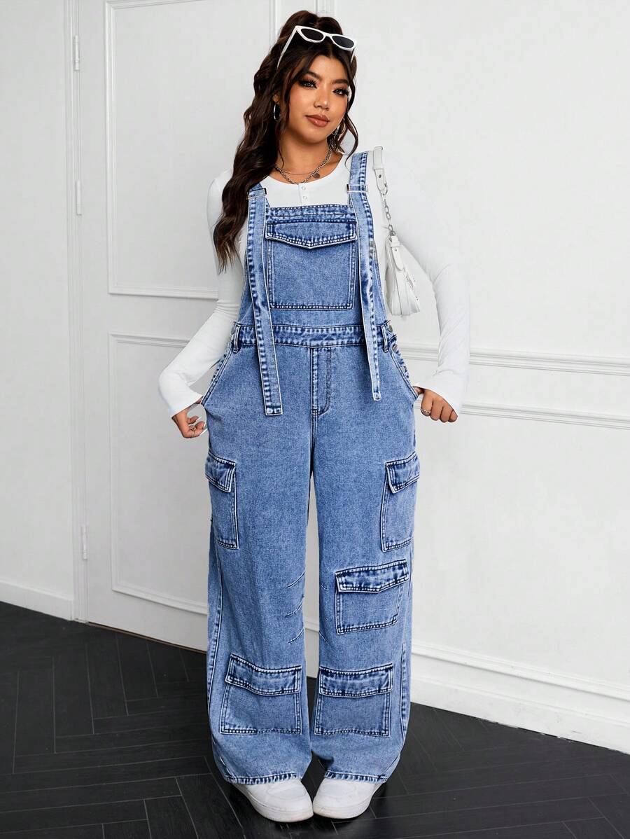 SHEIN EZwear Plus Size Denim Jumpsuit Simple And Fashionable Casual Everyday - Blue - View 1