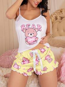 SweetSlumber 2 stuks dames cartoon schattige hartbeer pyjamaset