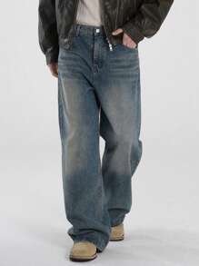 DAZY Fall Solid Blue Washed Blue Men's Jeans - Medium Wash - View 7