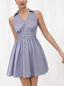 GENKIRA Váy ngắn xòe chữ A phong cách retro Pháp thanh lịch thời trang trẻ trung tươi mới cổ chữ V thắt eo nút trang trí tương phản eo xếp ly cho nữ - Nhiều màu - Xem 6