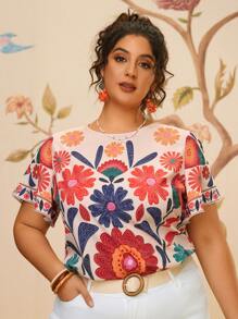 Travachic 大码度假休闲热带印花短袖宽松女士上衣衬衫 - 彩色 - 查看 1