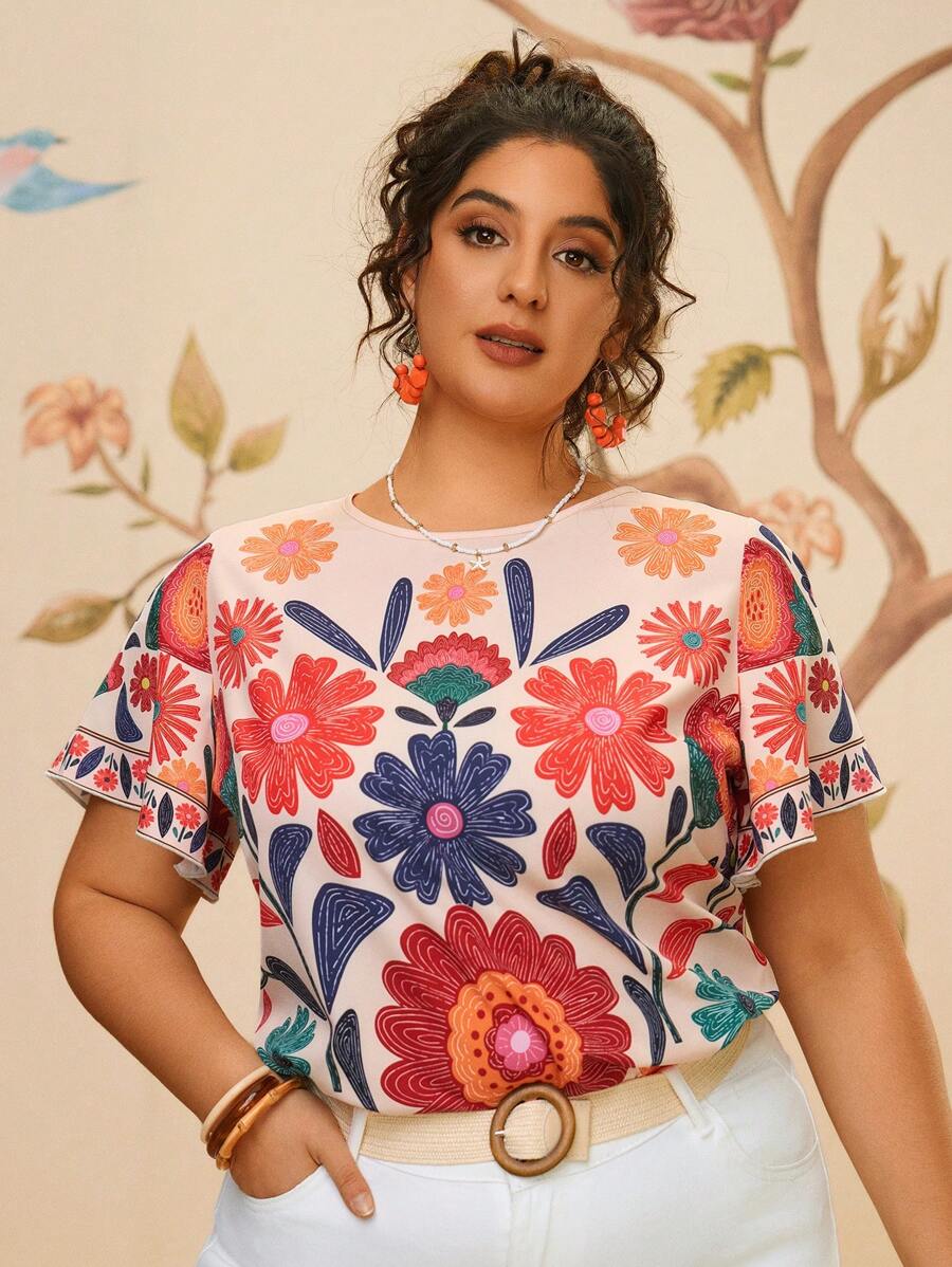 Travachic 大码度假休闲热带印花短袖宽松女士上衣衬衫 - 彩色 - 查看 1