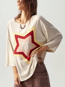 Bohemela 休闲纯色针织五角星刺绣图案圆领宽松大码短袖 T 恤