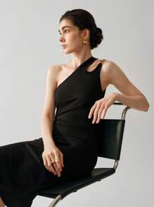 Uhlyne Women's Metal Chain Shoulder Knit Midi Dress - Black - View 1