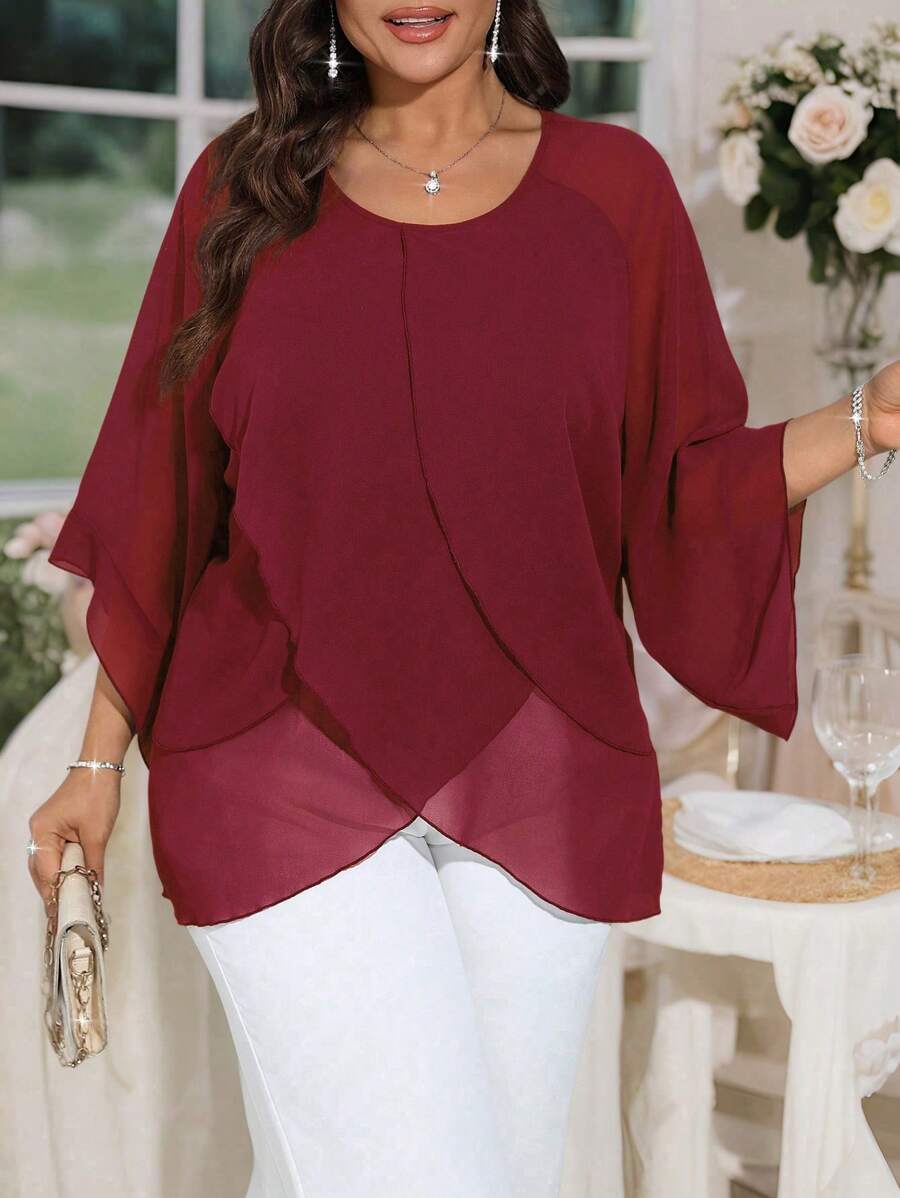 SHEIN Clasi 大码女士时尚分层休闲衬衫，适合新年、情人节、感恩节、圣诞节、复活节、国庆节、联欢晚会、除夕夜、圣诞派对、圣诞装饰、圣诞睡衣、春假折扣、情人节之爱、亲吻、玫瑰 - 紅色 - 查看 1