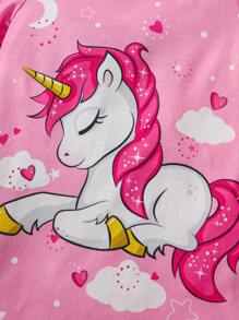 SHEIN Leap Crew 3pcs Young Girl Summer Cute Unicorn Cap Sleeve Knit Comfortable Loose Home Nightdress Three Pieces Set - Pink - View 5