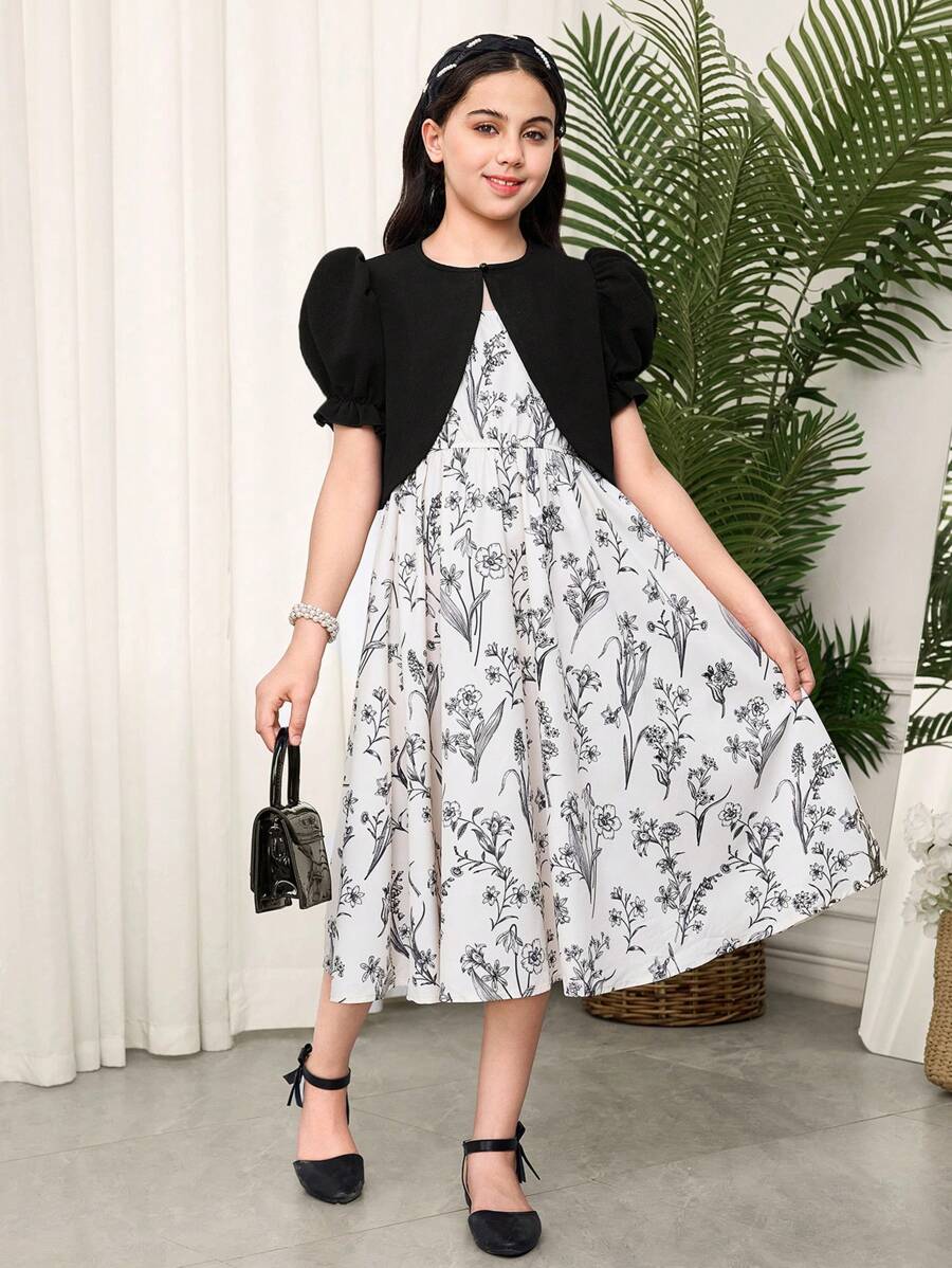 SHEIN 2 件套 女童宽松休闲花卉印花吊带背心裙和短袖开衫 - 黑與白 - 查看 1