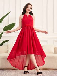 SHEIN Teen Girl Solid Color 3D Floral Decor Sleeveless Halter Dress - Red - View 1