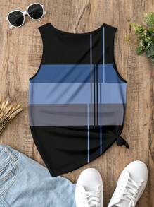 SHEIN LUNE 休闲条纹圆领修身女式背心，适合夏季 - 黑色 - 查看 7