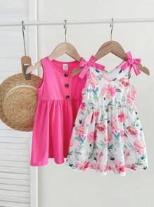 SHEIN 2pcs/Set Baby Girl Cute Floral Print Knitted Dress, Summer Clothes - Hot Pink - View 1
