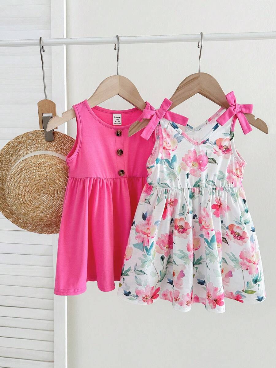 SHEIN 2pcs/Set Baby Girl Cute Floral Print Knitted Dress, Summer Clothes - Hot Pink - View 1