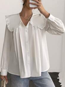 INAWLY Damen Bluse mit Peterchen Kragen, einfarbig, plissiert, lässiger Stil, Langarmtops