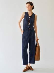 Uhlyne 2 件套女士编织全拉链无袖背心和直筒裤套装，办公室通勤时尚 - 藏蓝色 - 查看 2