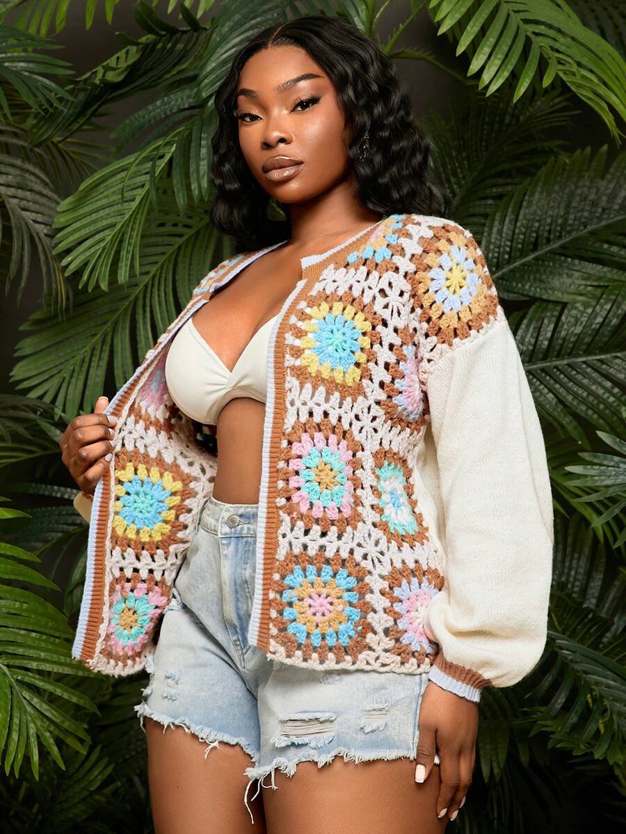 SHEIN SXY Plus Size Women's Spring/Summer Contrast Color Knitted Loose Long Sleeve Cardigan Jacket, Suitable For Date Night, Birthday, Bachelorette Party, Cute, Casual, Shopping, Streetwear, Going Out, Easy To Match & Looks Slim, Accent Your Body, Flatter The Figure - Multicolor - View 1