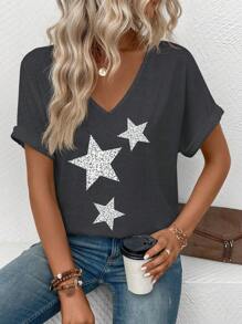 SHEIN Camiseta holgada y versátil de mujer con cuello en V, mangas vueltas y estampado de estrellas, para primavera y verano