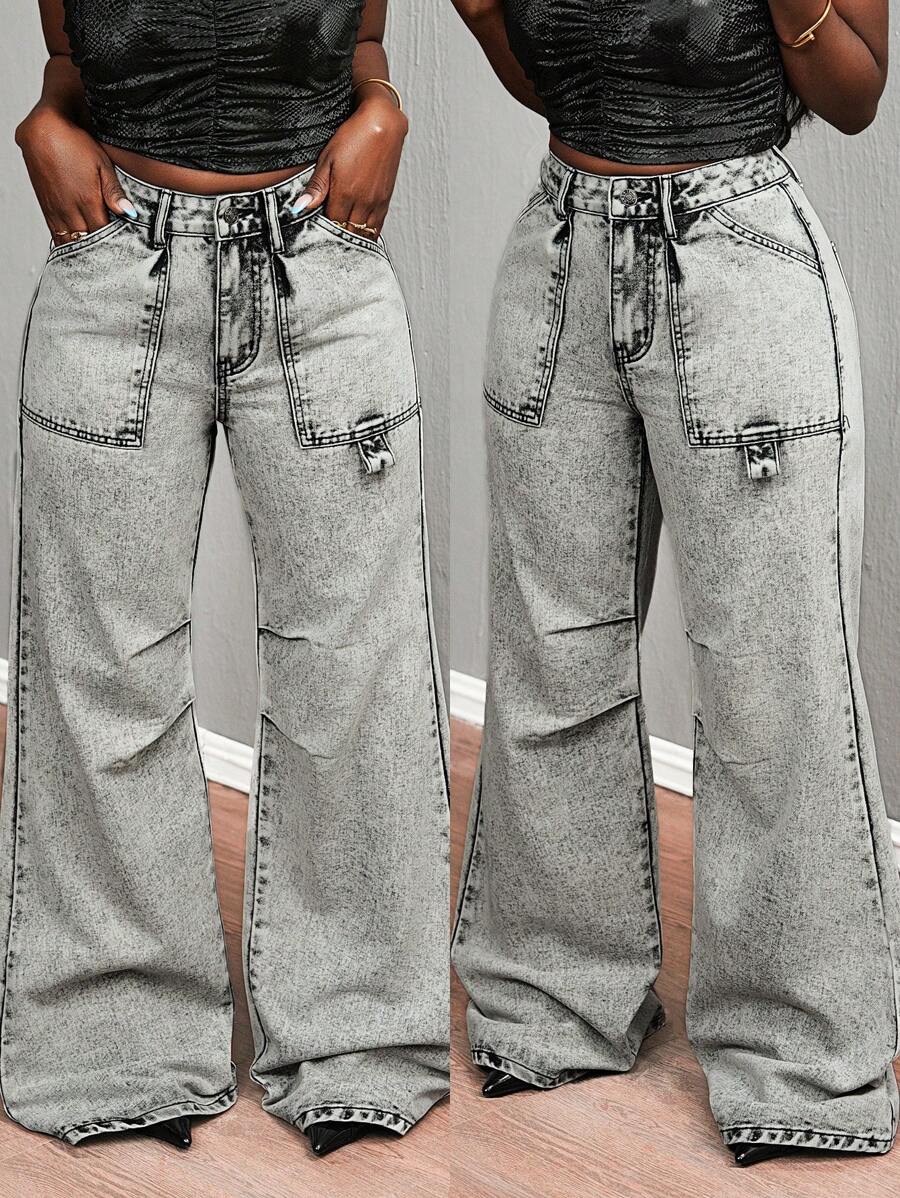 SHEIN Slayr Women's Pleated Pocket Wide Leg Loose Casual Jeans