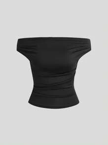 Sweetra Áo thun nữ hở vai xếp ly màu trơn đi nghỉ thường ngày - Nhiều màu - Xem 5