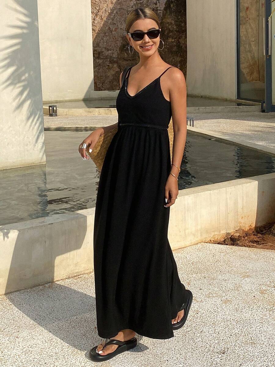 Livesso 女士串珠纯色吊带露背连衣裙，休闲度假风春夏连衣裙 - 黑色 - 查看 1