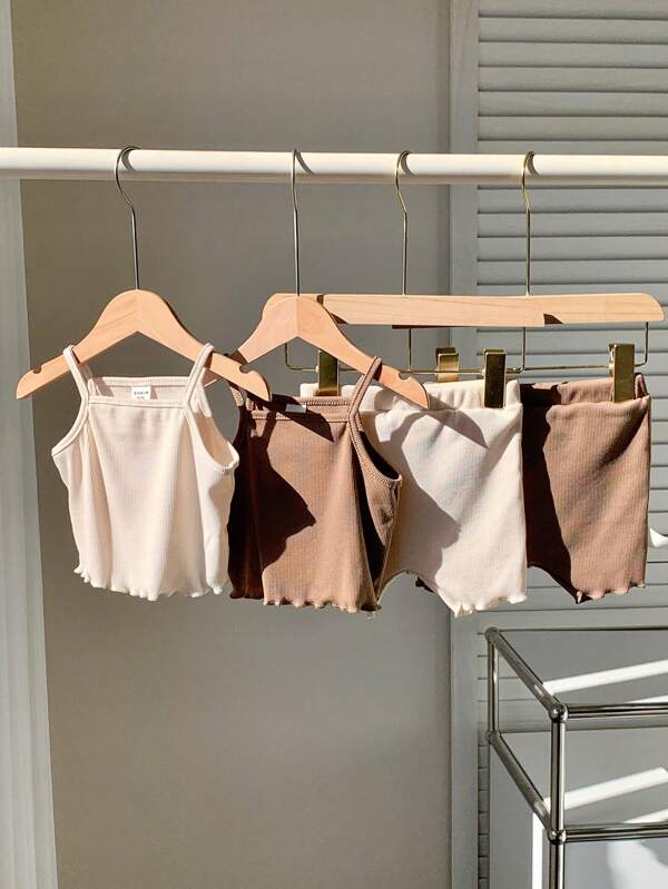 SHEIN 4pcs/Set Baby Girl Cute Knitted Camisole & Shorts Set, Summer