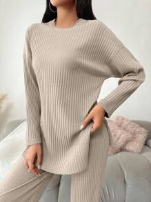 SHEIN PETITE Petite Women Casual Cotton Drop Shoulder Split Hem Tee & Pants - Beige - View 4