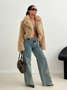 EURMUSE Stylish Faux Fur Oversize Cropped Women's Jacket - Mocha Brown - View 4