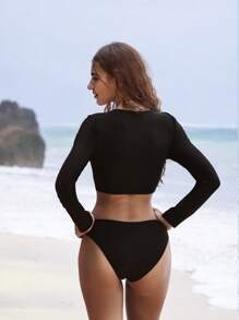 Swim SPRTY 2pcs Women Black & White Printed Design Round Neck Long Sleeve Swimwear Suit, Easy To Wear Sports Casual Surfing Outfit, Festival Boho, Summer Beach Vacation - Black and White - View 3