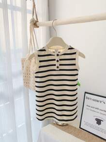 SHEIN Baby Girls Casual Cute Knitted Striped Sleeveless Dress - Black and White - View 9