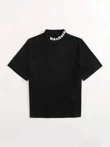 Seusyu Letter Graphic Mock-neck Tee - Black - View 4