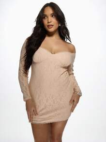 MISSGUIDED PLUS Elegant Off-Shoulder Lace Mini Bodycon Dress Long Sleeve Evening Party Special Occasion Form-Fitting Wedding Guest Dress Plus Size - Dusty Pink - View 1