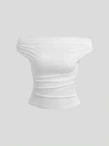 Sweetra Áo thun nữ hở vai xếp ly màu trơn đi nghỉ thường ngày - Nhiều màu - Xem 3