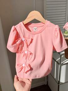 SHEIN Baby Girls Cute Pink Bowknot Short Sleeve Blouse For Summer - Pink - View 1