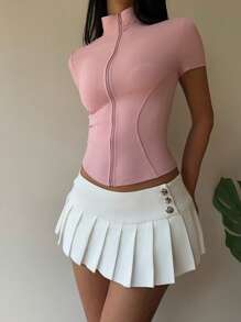 Muchica 女式休闲简约前拉链短袖修身粉色 T 恤 - 粉色 - 查看 6