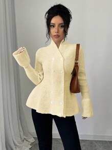 Elenzga Elegant Waist-Cinched Double-Breasted Ribbed Peplum Cardigan - Yellow - View 6