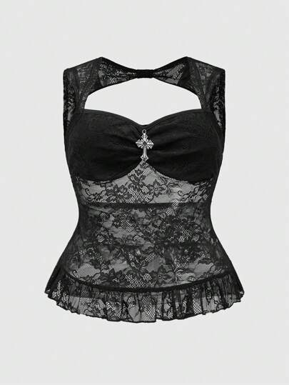 Goth Plus Size Sexy Lace Hollow Cross Backless Blouse