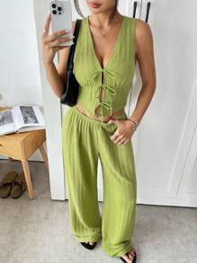 SHEIN EZwear Summer Green Textured Knit Tie-Up Camisole And Pants Set - Green - View 5