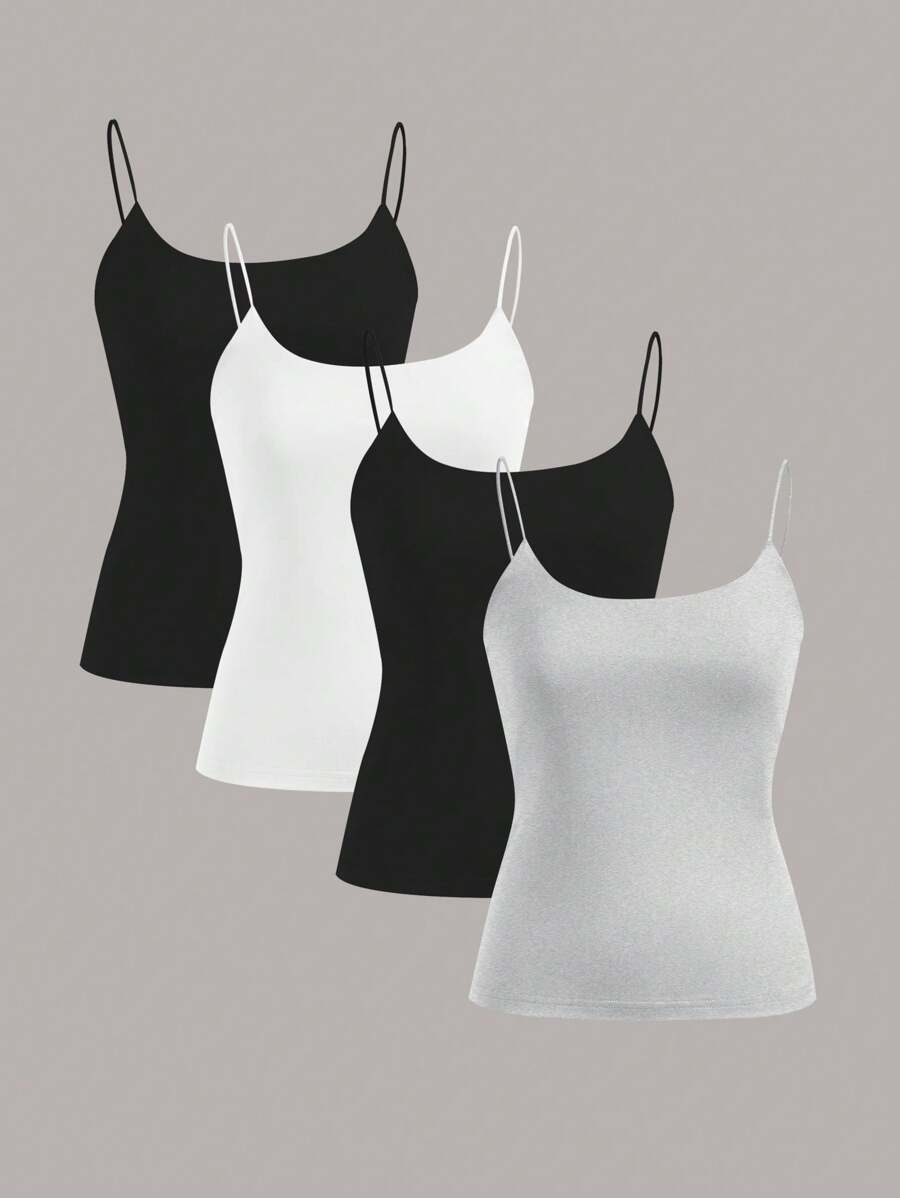 SHEIN EZwear 4pcs Pack Lightweight Basic Camisoles, Suitable For Spring & Summer Back To School - Multicolor - View 1