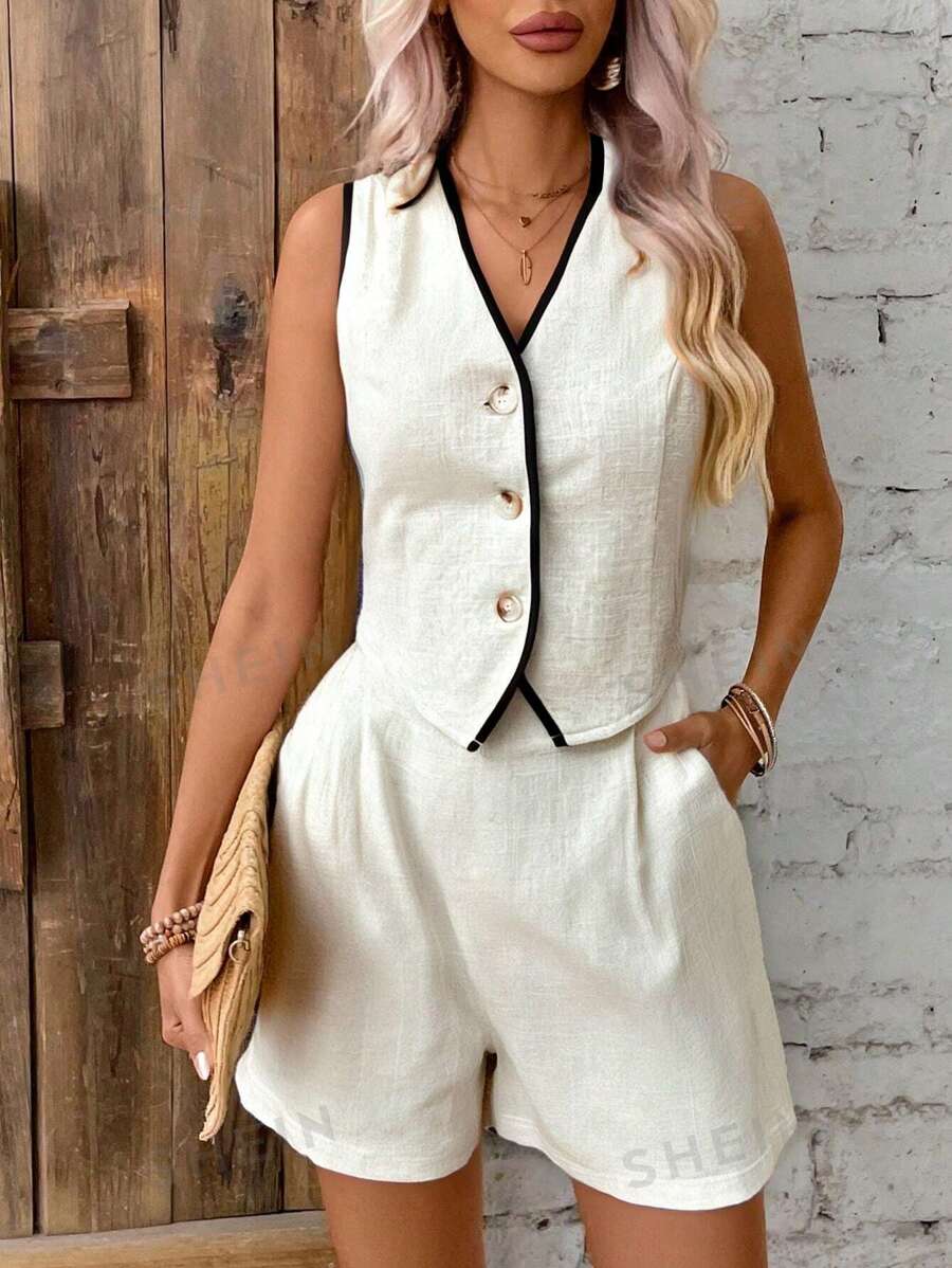 SHEIN Frenchy Conjunto de chaleco y pantalones cortos de lino con ribete de color contrastante para mujer, estilo "Old Money", conjunto de dos piezas para uso diario, conjunto de dos piezas para primavera y verano, conjunto de dos piezas para otoño/invierno - Albaricoque - Ver 1