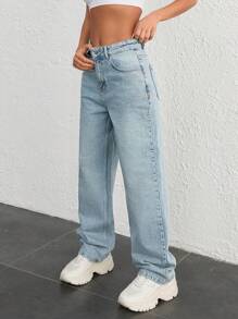 EURMUSE WOMEN HIGH WAIST STRAIGHT SNOW WASH CASUAL BLUE DENIM - Light Wash - View 6