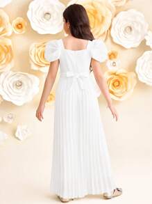 SHEIN Tween Girl Fitted Elegant Square Neck Elegant Puff Sleeve Wide Leg Pleated Jumpsuit - White - View 2