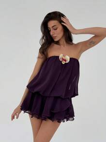 Aloruh 紫色女士休闲性感沙滩雪纺拼接迷你白色背心连衣裙 - 紫色 - 查看 5