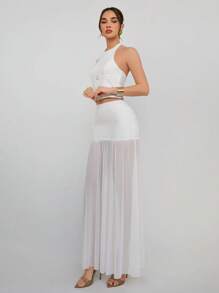 Aloruh Women Elegant Solid Open Back Halter Neck Top & Mesh Patchwork Skirt 2 Pieces Set - White - View 4