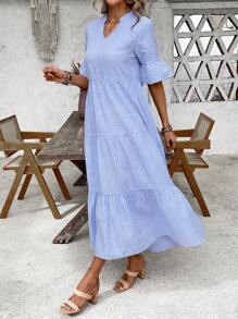 EMERY ROSE Women's Vacation Casual Plaid Cut-Out Neck Long Dress