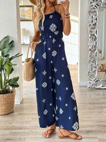 Breezaya جمبسوت من قطعة واحدة للنساء، طراز ربيع/صيف لمنتجع جزيرة، مطبوع بتصميم الهالتر مع شق واسع في الساقين